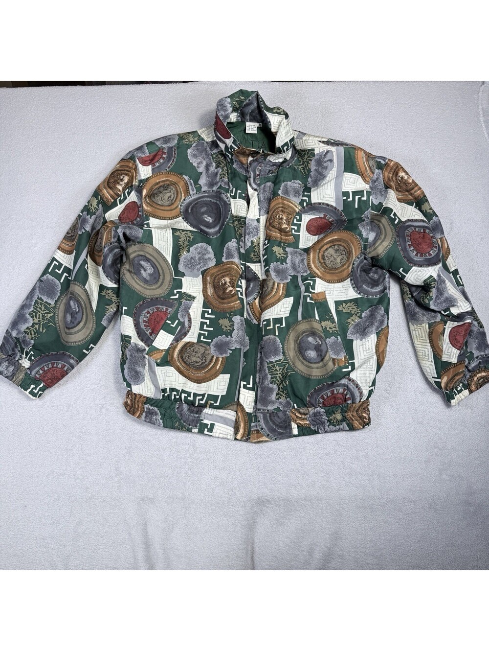 Vtg Fuda International Sz S 100% Silk Bomber Jacket Teal Bronze Geometric Coins
